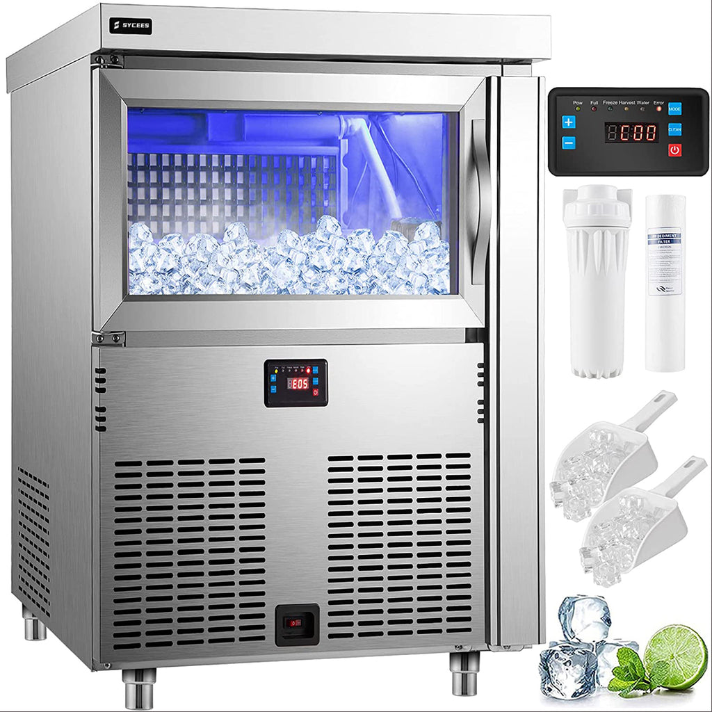Sycees 110V Commercial Ice Maker 200LBS/24H, Stainless Steel Under Counter Ice Machine with 100LBS Storage, 80PCS Clear Cube, Auto Operation, Blue Light, Include Water Filter, 2 Scoops, Connection Hose